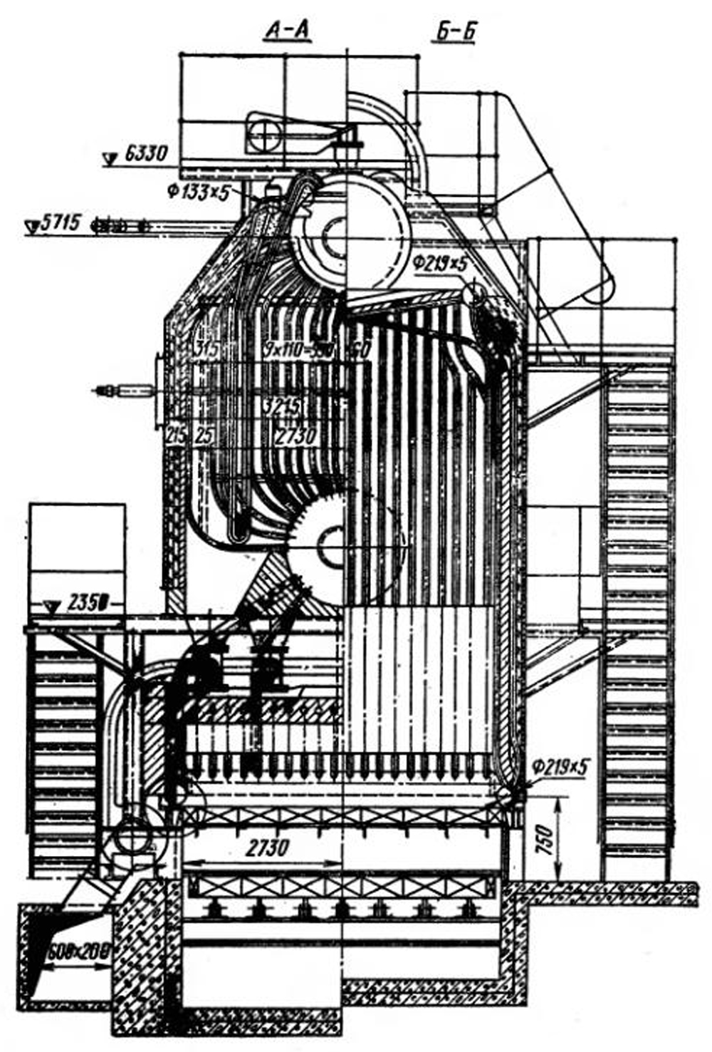 Котел ДКВЗ-20-13-250. Поперечный разрез.