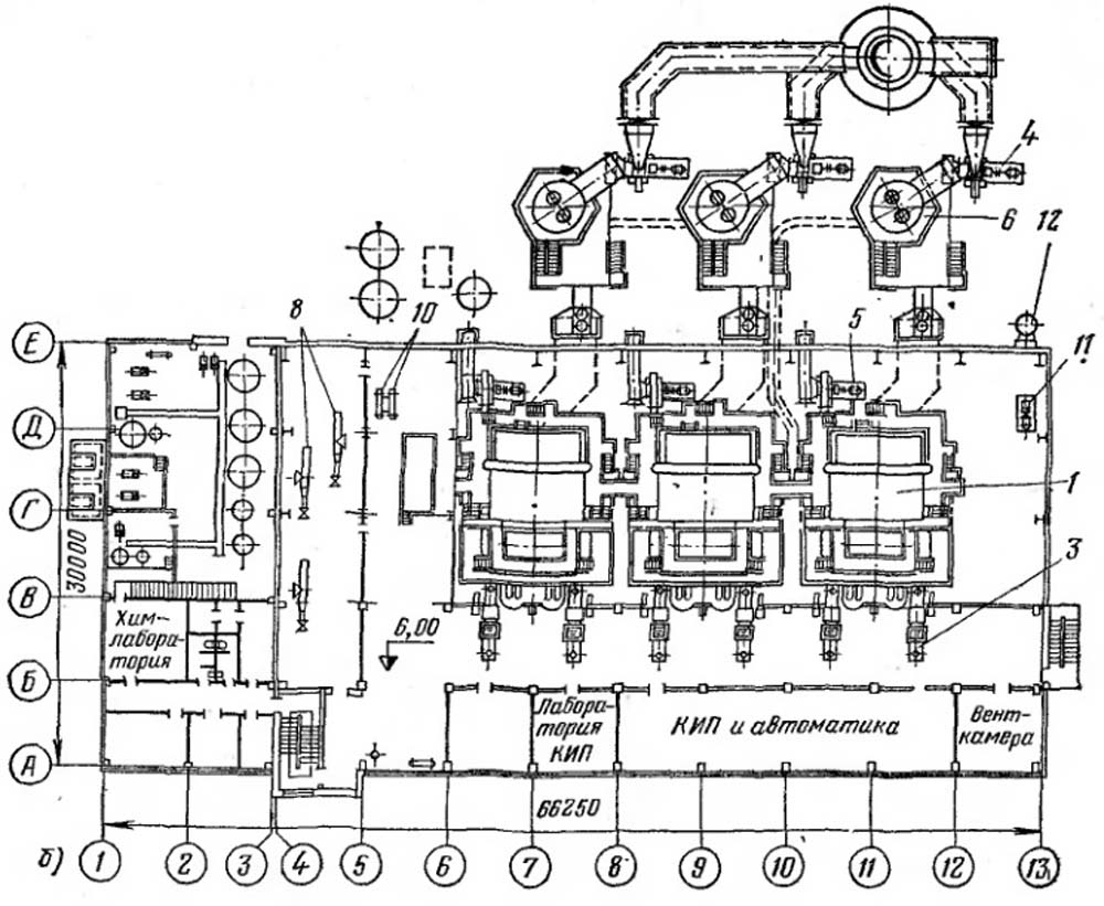 Компоновка котельной с тремя паровыми котлами Т - 50 - 14(б)