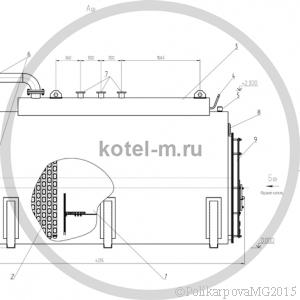 Котел КВ 1000 уголь, дрова вид с боку. Чертеж